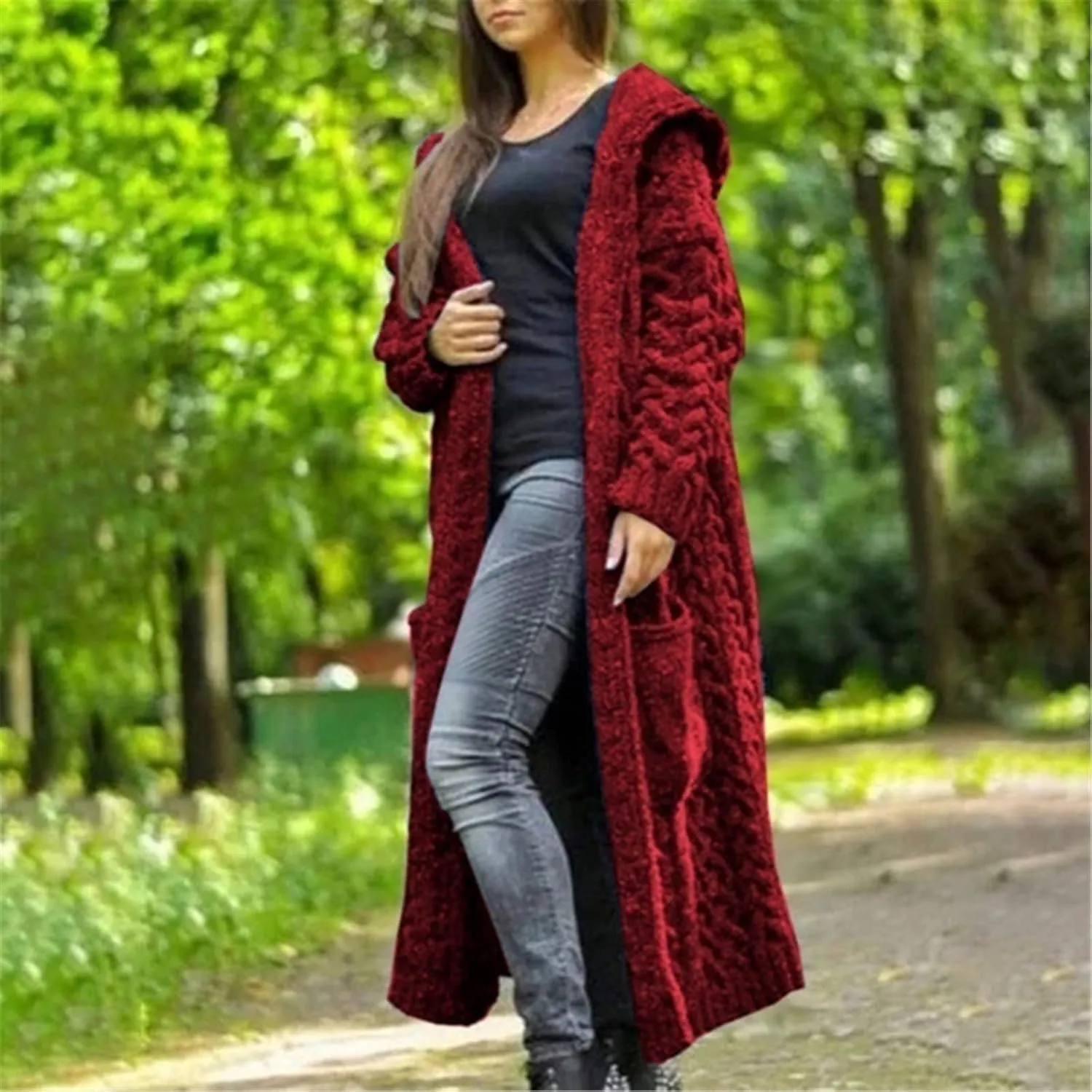 Women Winter Solid Knitted Cardigan Sweaters Plus Size Chunky Knit Sweater Loose Hooded Long Sweater Pocket Coats