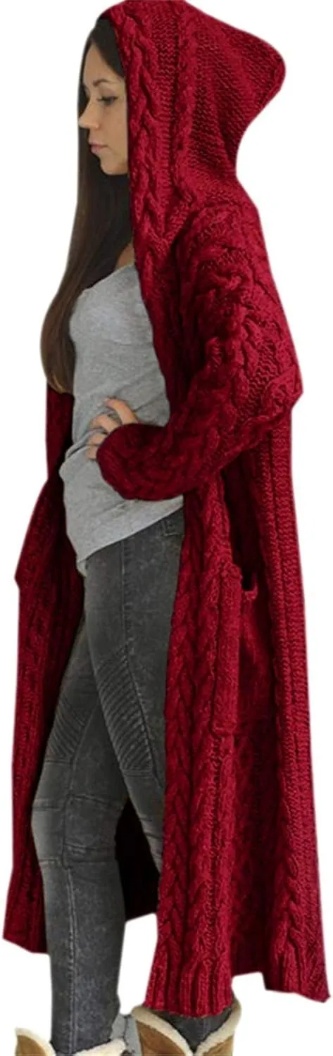 Women Winter Solid Knitted Cardigan Sweaters Plus Size Chunky Knit Sweater Loose Hooded Long Sweater Pocket Coats