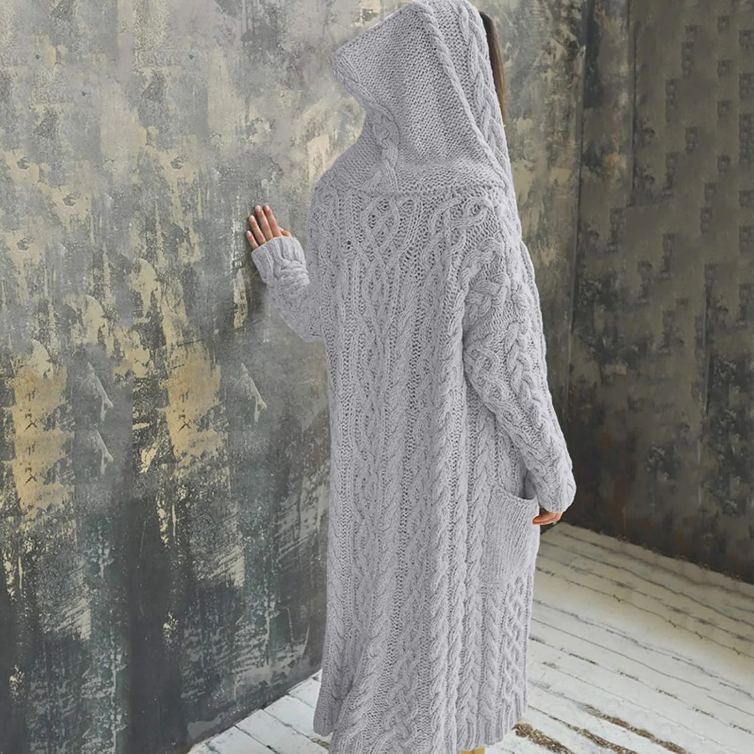 Women Winter Solid Knitted Cardigan Sweaters Plus Size Chunky Knit Sweater Loose Hooded Long Sweater Pocket Coats