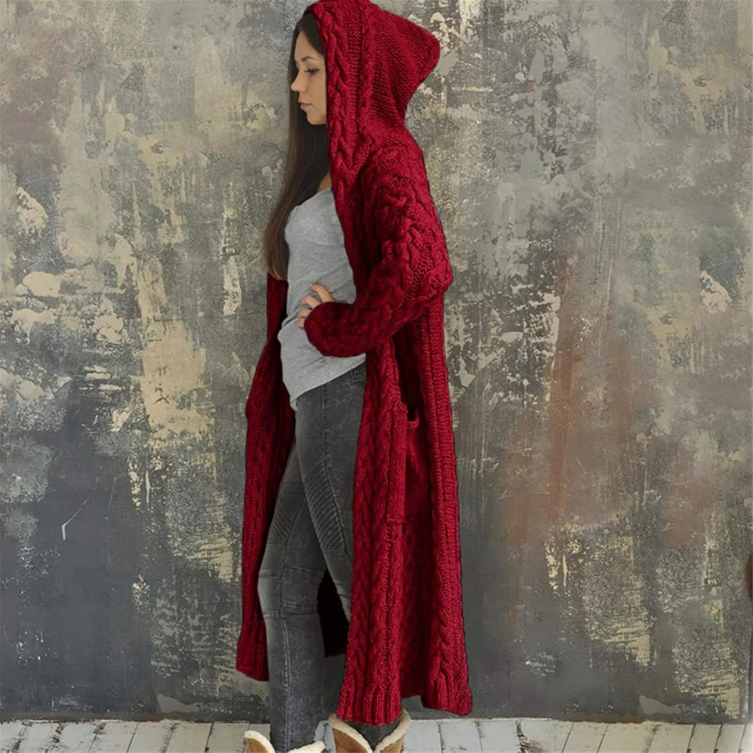 Women Winter Solid Knitted Cardigan Sweaters Plus Size Chunky Knit Sweater Loose Hooded Long Sweater Pocket Coats