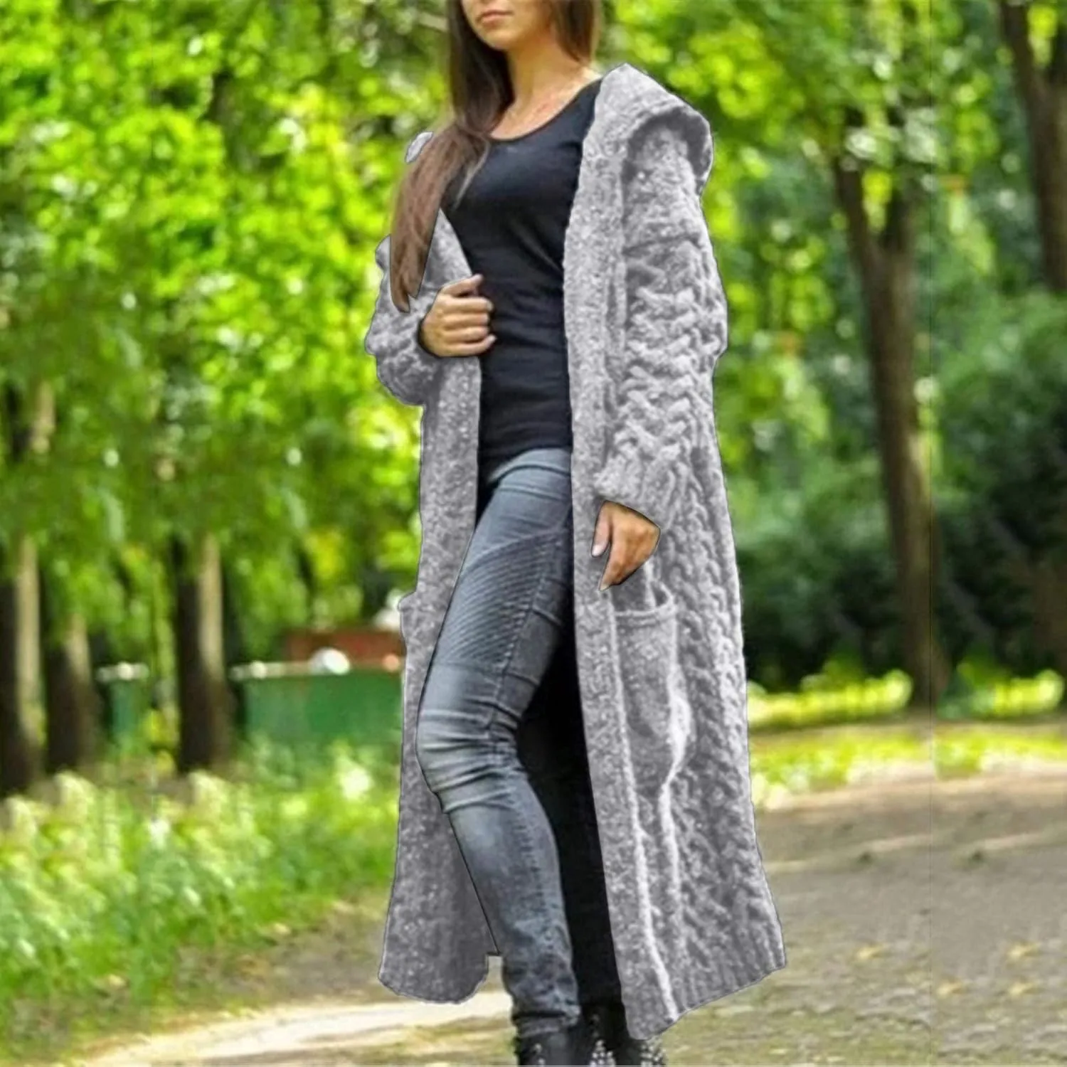 Women Winter Solid Knitted Cardigan Sweaters Plus Size Chunky Knit Sweater Loose Hooded Long Sweater Pocket Coats