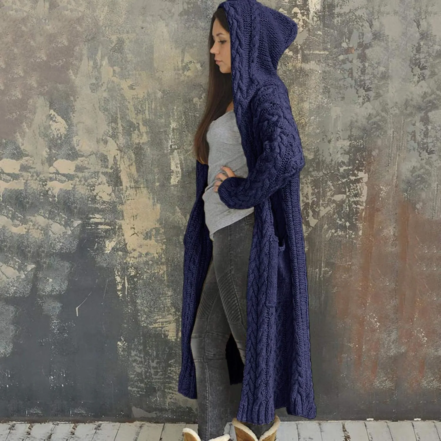 Women Winter Solid Knitted Cardigan Sweaters Plus Size Chunky Knit Sweater Loose Hooded Long Sweater Pocket Coats