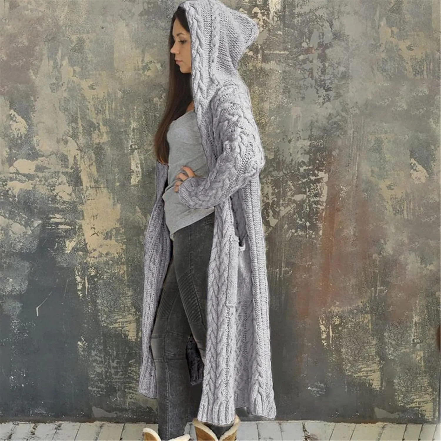 Women Winter Solid Knitted Cardigan Sweaters Plus Size Chunky Knit Sweater Loose Hooded Long Sweater Pocket Coats