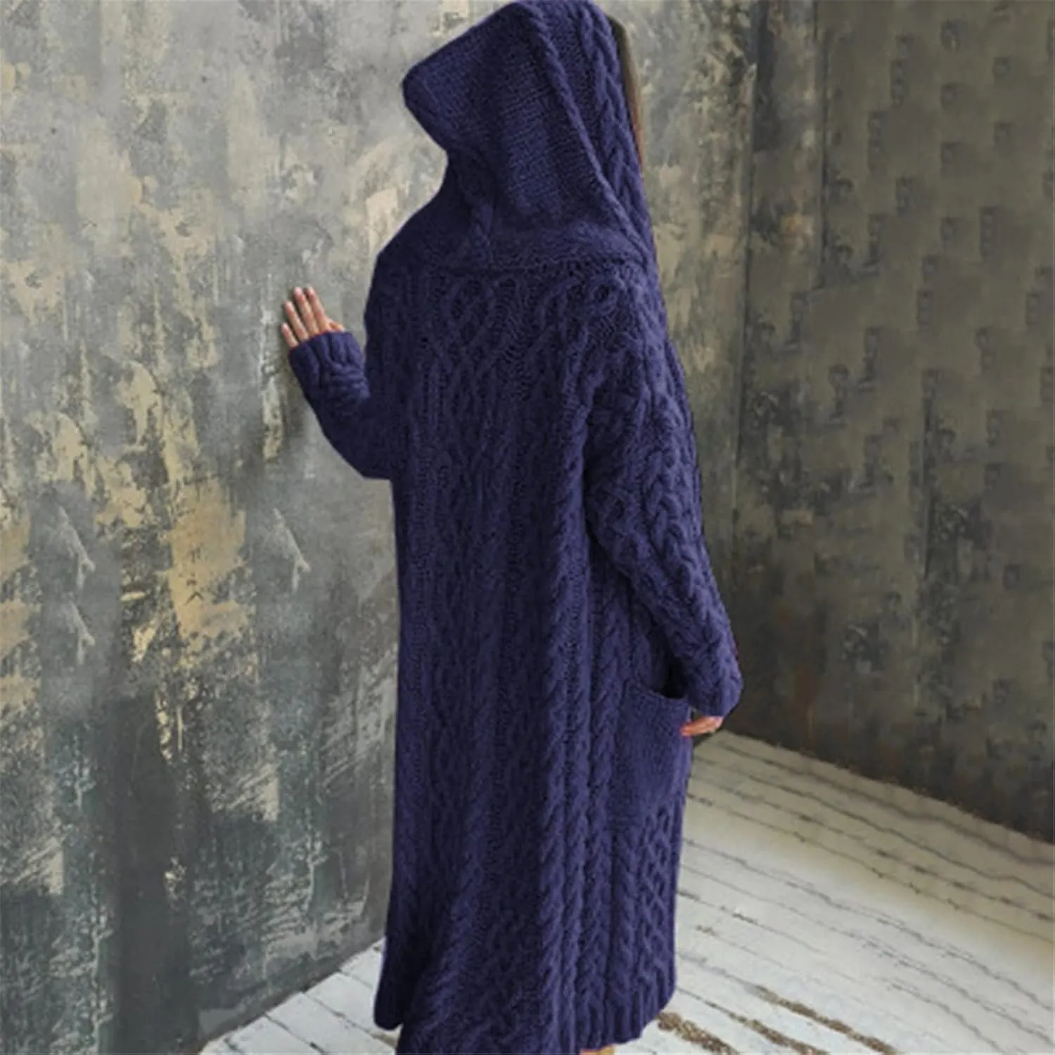 Women Winter Solid Knitted Cardigan Sweaters Plus Size Chunky Knit Sweater Loose Hooded Long Sweater Pocket Coats