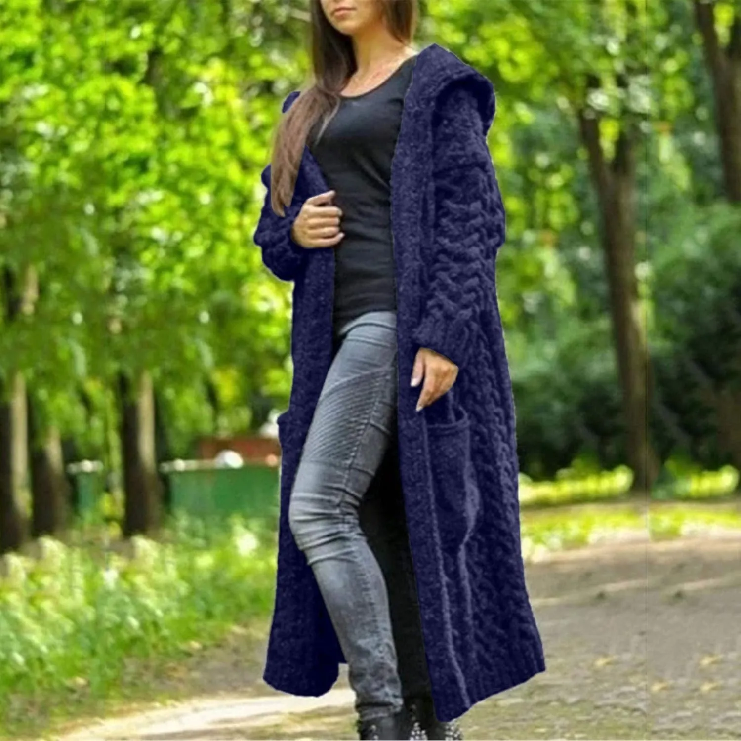 Women Winter Solid Knitted Cardigan Sweaters Plus Size Chunky Knit Sweater Loose Hooded Long Sweater Pocket Coats
