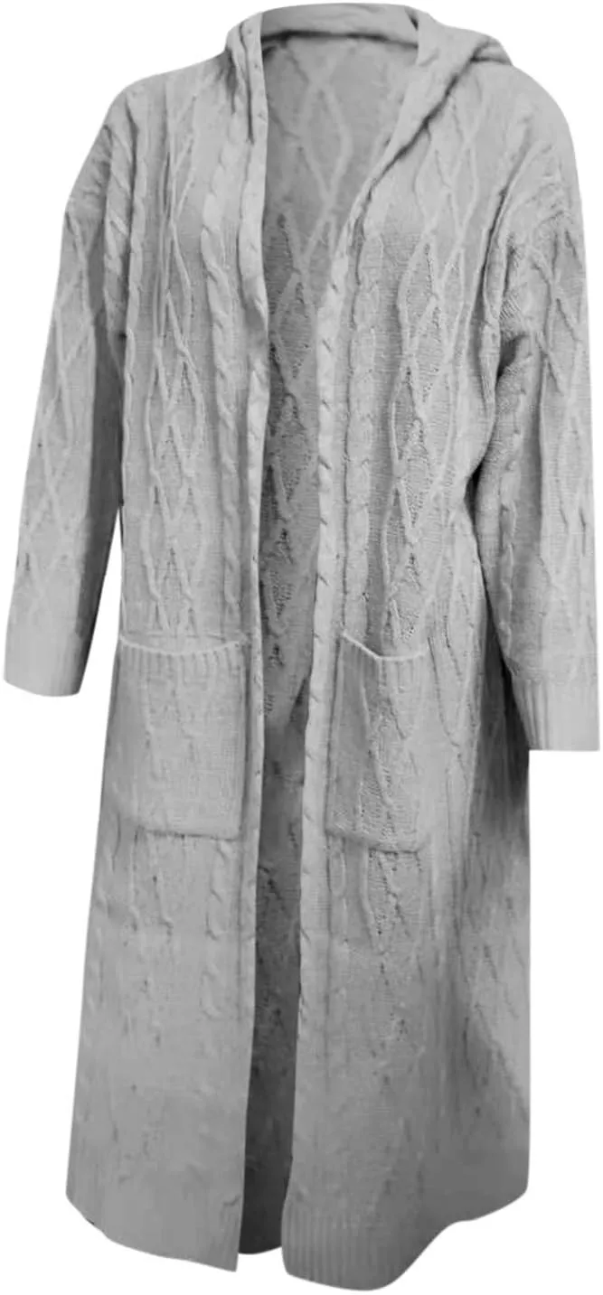 Women Winter Solid Knitted Cardigan Sweaters Plus Size Chunky Knit Sweater Loose Hooded Long Sweater Pocket Coats