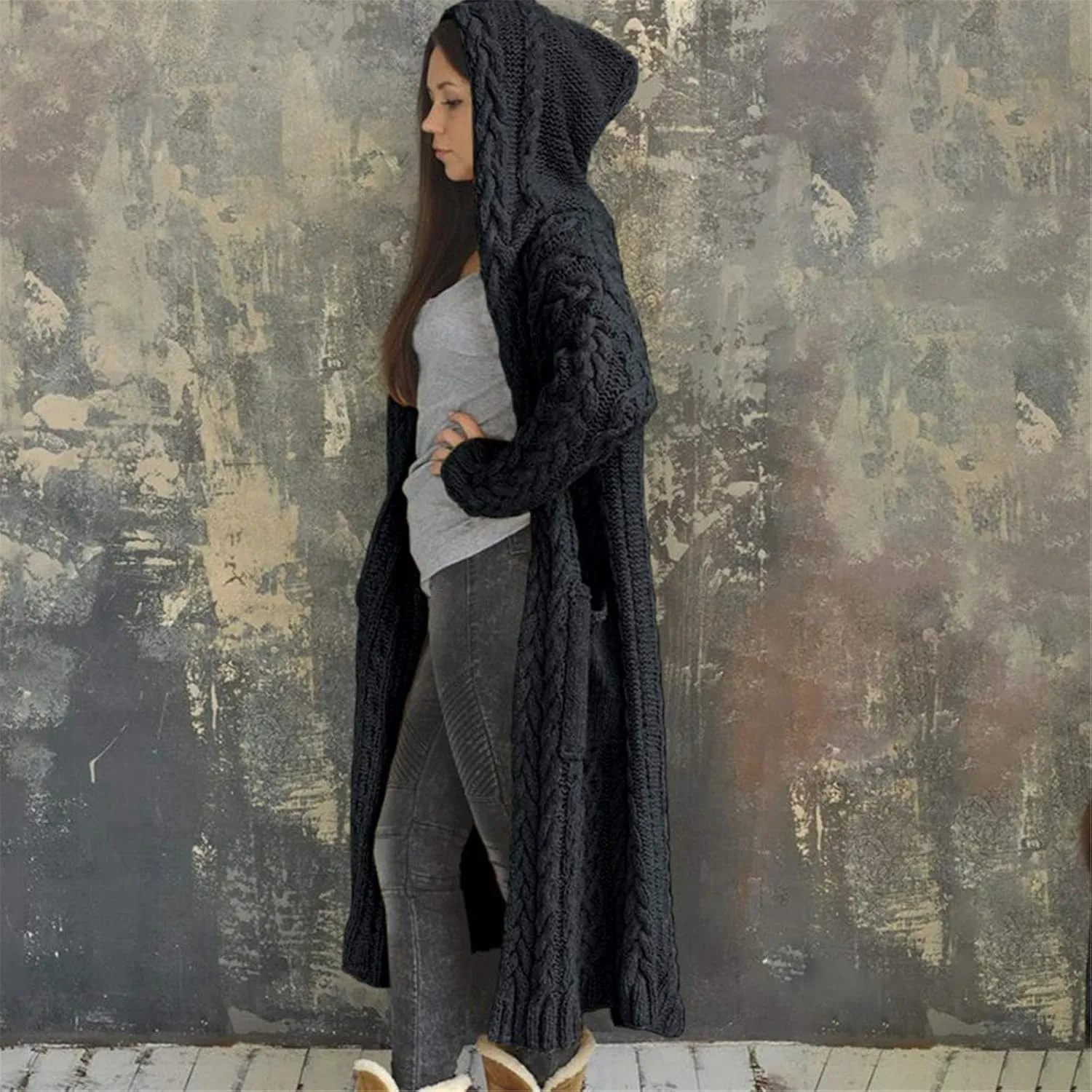 Women Winter Solid Knitted Cardigan Sweaters Plus Size Chunky Knit Sweater Loose Hooded Long Sweater Pocket Coats