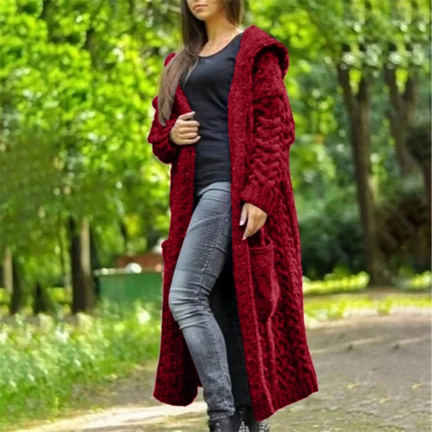 Women Winter Solid Knitted Cardigan Sweaters Plus Size Chunky Knit Sweater Loose Hooded Long Sweater Pocket Coats
