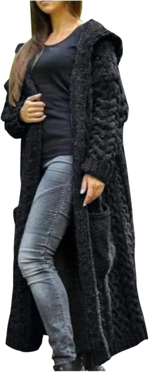 Women Winter Solid Knitted Cardigan Sweaters Plus Size Chunky Knit Sweater Loose Hooded Long Sweater Pocket Coats