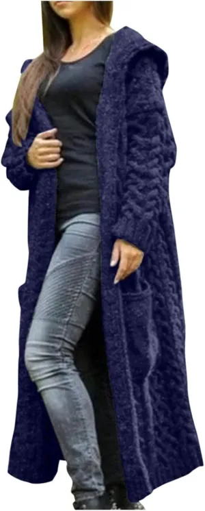 Women Winter Solid Knitted Cardigan Sweaters Plus Size Chunky Knit Sweater Loose Hooded Long Sweater Pocket Coats