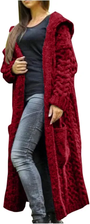 Women Winter Solid Knitted Cardigan Sweaters Plus Size Chunky Knit Sweater Loose Hooded Long Sweater Pocket Coats