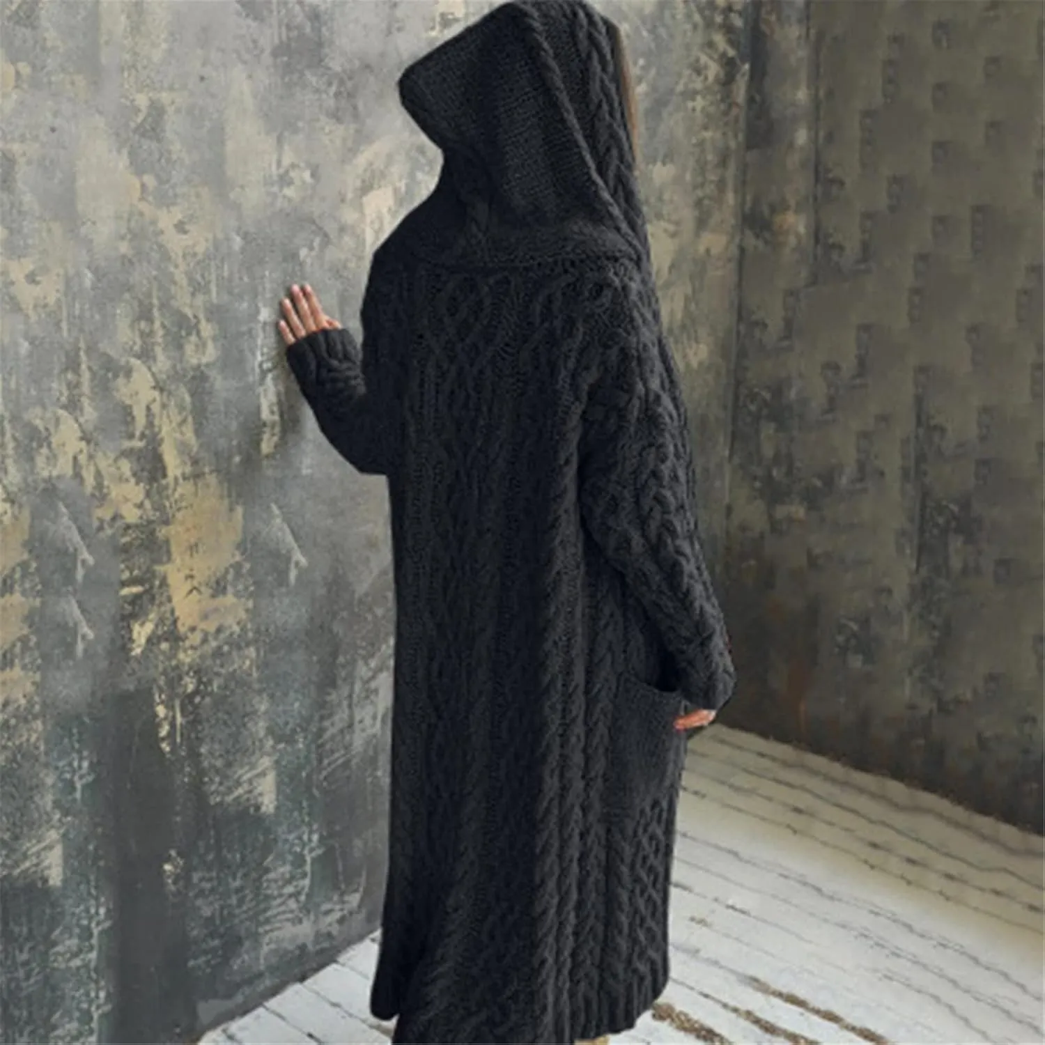 Women Winter Solid Knitted Cardigan Sweaters Plus Size Chunky Knit Sweater Loose Hooded Long Sweater Pocket Coats