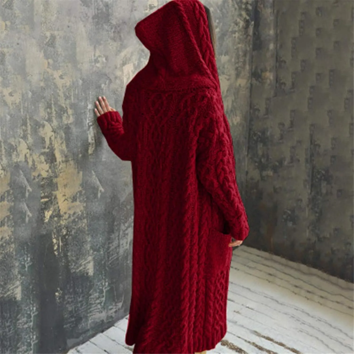 Women Winter Solid Knitted Cardigan Sweaters Plus Size Chunky Knit Sweater Loose Hooded Long Sweater Pocket Coats