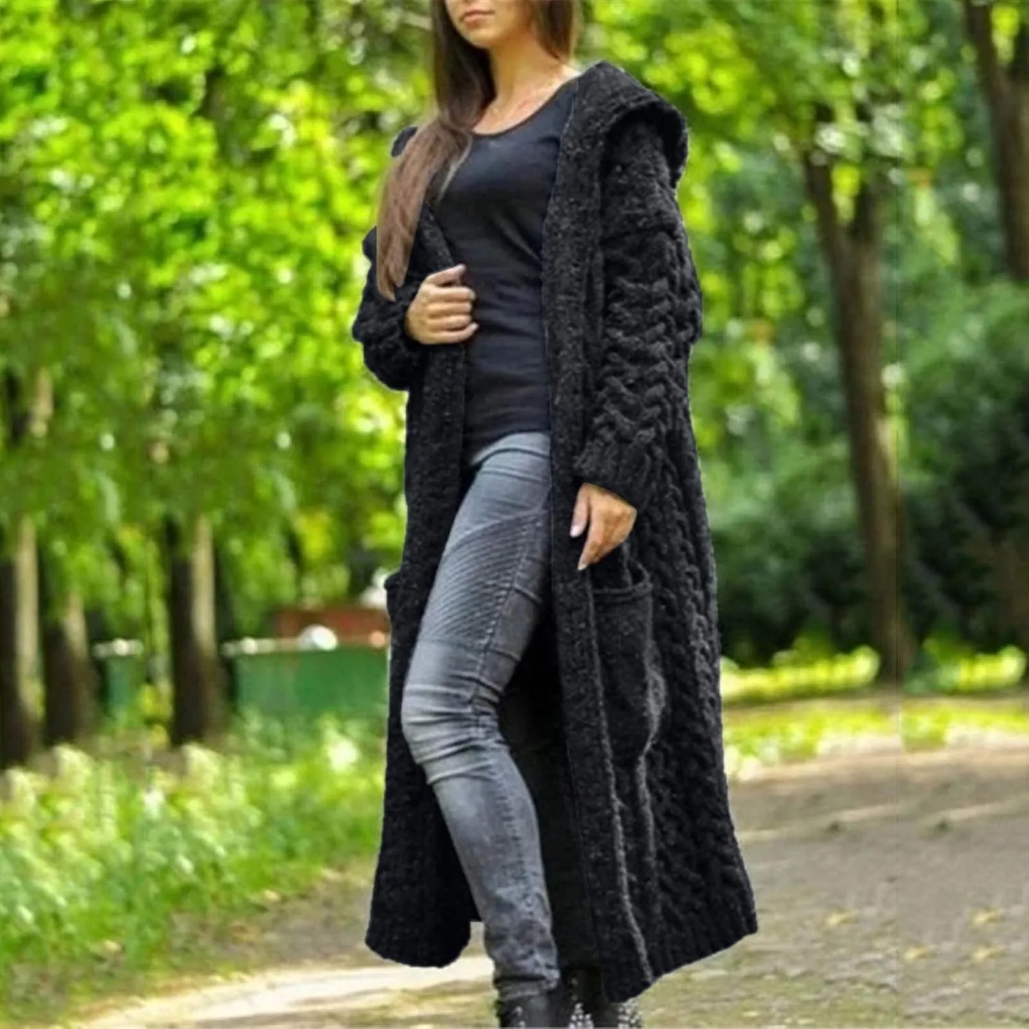 Women Winter Solid Knitted Cardigan Sweaters Plus Size Chunky Knit Sweater Loose Hooded Long Sweater Pocket Coats