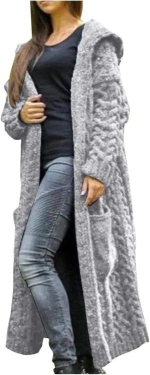 Women Winter Solid Knitted Cardigan Sweaters Plus Size Chunky Knit Sweater Loose Hooded Long Sweater Pocket Coats