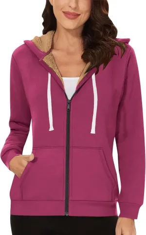 Women Winter Warm Fleece Lined Coats Long Sleeve Hoodies Zip Up Hooded Sweatshirt Plush Jacket with Pockets