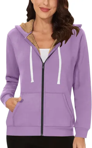 Women Winter Warm Fleece Lined Coats Long Sleeve Hoodies Zip Up Hooded Sweatshirt Plush Jacket with Pockets