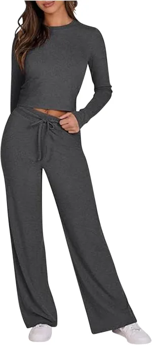 Women's 2 Piece Lounge Sets Long Sleeve Crop Tops Flare Long Pants Ribbed Knit Matching Set 2024 Fall Fashion Outfits