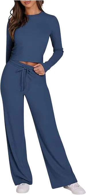 Women's 2 Piece Lounge Sets Long Sleeve Crop Tops Flare Long Pants Ribbed Knit Matching Set 2024 Fall Fashion Outfits