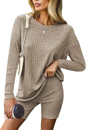 Womens 2 Piece Lounge Sets Ribbed Knit Matching Outfits T-Shirt Tops Biker Shorts Loungewear Sweatsuits Pajamas Set