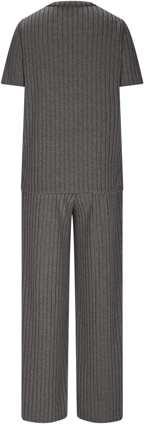 Women's 2 Piece Lounge Sets Ribbed Knit Short Sleeve V Neck Pullover Tops Wide Leg Pants Spring Summer Outfits 2025