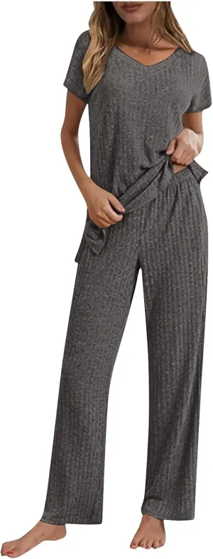 Women's 2 Piece Lounge Sets Ribbed Knit Short Sleeve V Neck Pullover Tops Wide Leg Pants Spring Summer Outfits 2025