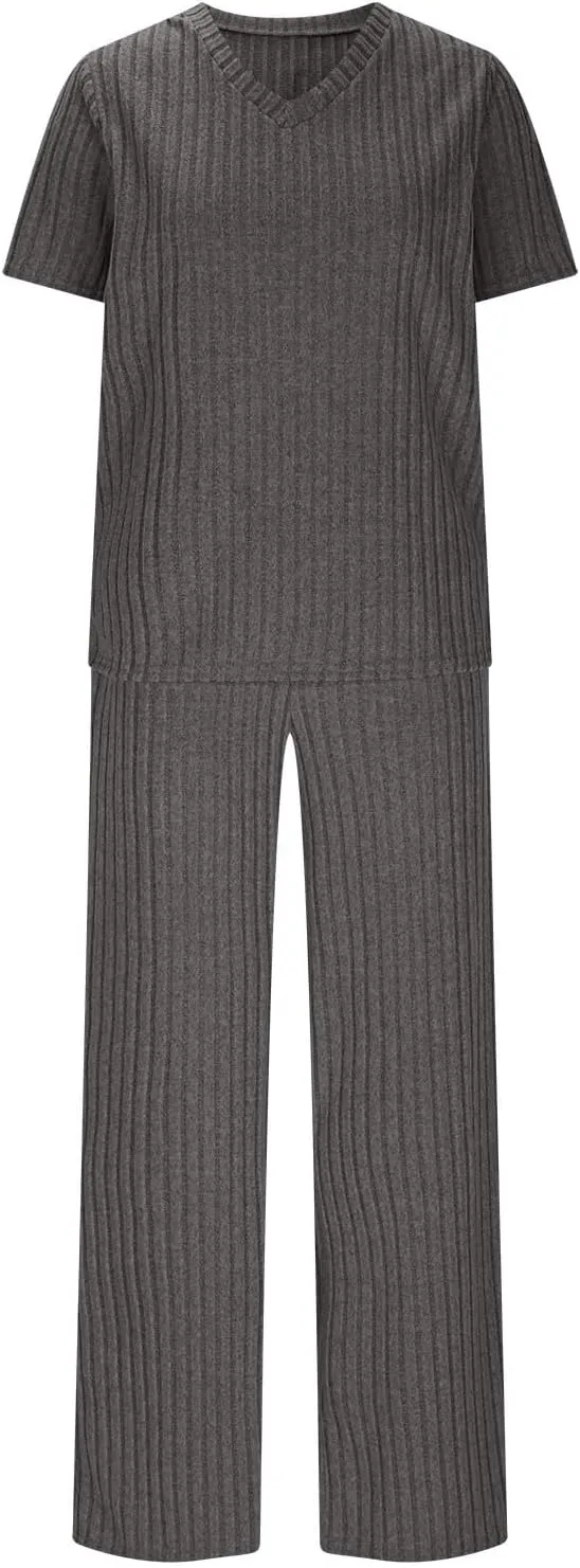 Women's 2 Piece Lounge Sets Ribbed Knit Short Sleeve V Neck Pullover Tops Wide Leg Pants Spring Summer Outfits 2025