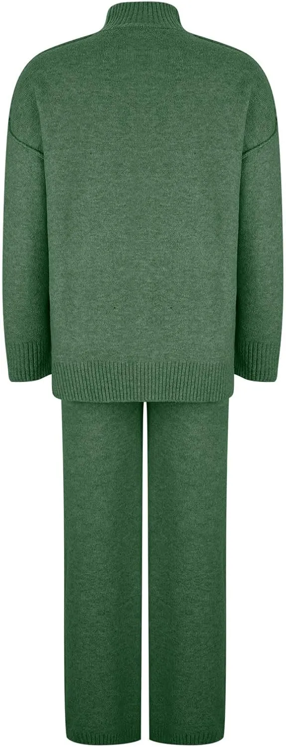 Women's 2 Piece Outfits Casual Sweaters High Crew Neck Knit Wide Leg Sweater Pants Lounge Set Sweatsuit