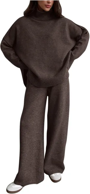 Women's 2 Piece Outfits Casual Sweaters High Crew Neck Knit Wide Leg Sweater Pants Lounge Set Sweatsuit