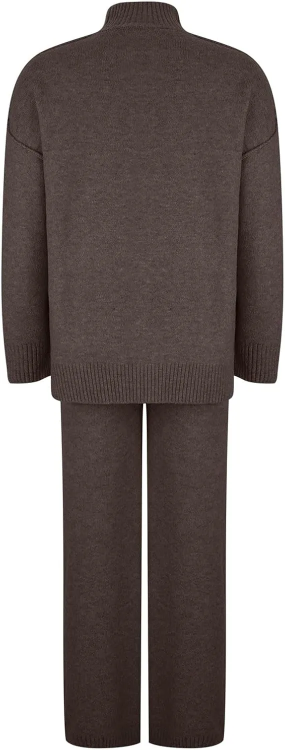 Women's 2 Piece Outfits Casual Sweaters High Crew Neck Knit Wide Leg Sweater Pants Lounge Set Sweatsuit