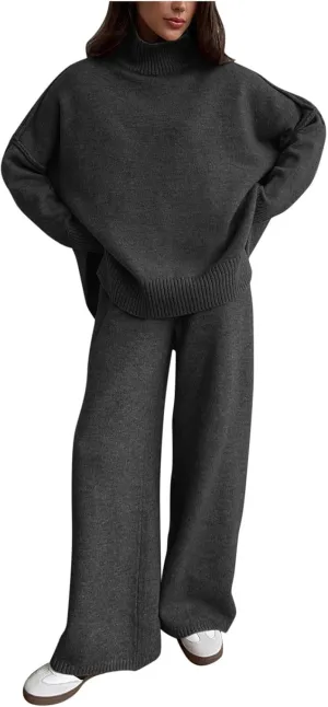 Women's 2 Piece Outfits Casual Sweaters High Crew Neck Knit Wide Leg Sweater Pants Lounge Set Sweatsuit