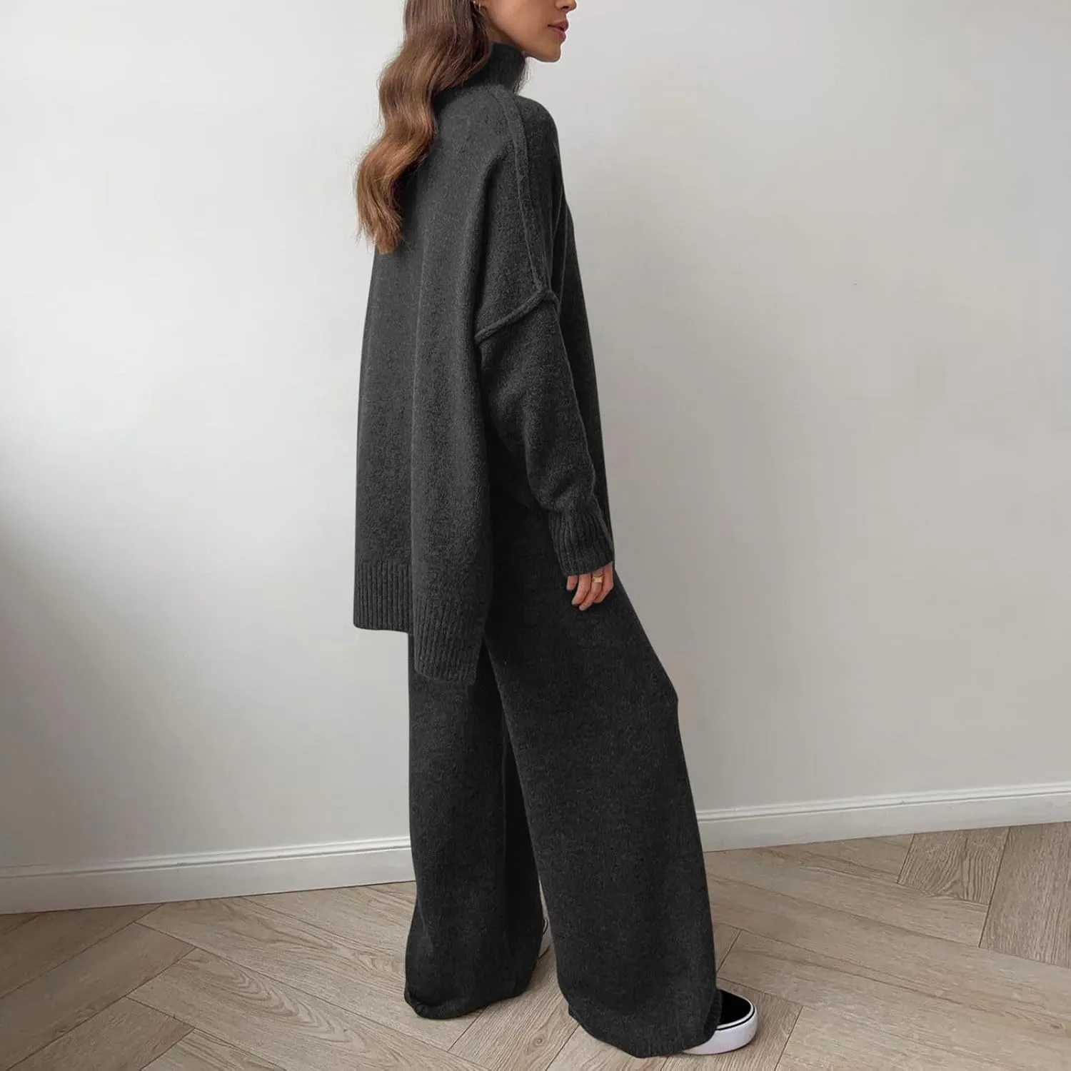 Women's 2 Piece Outfits Casual Sweaters High Crew Neck Knit Wide Leg Sweater Pants Lounge Set Sweatsuit