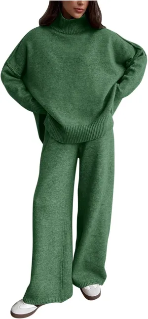 Women's 2 Piece Outfits Casual Sweaters High Crew Neck Knit Wide Leg Sweater Pants Lounge Set Sweatsuit