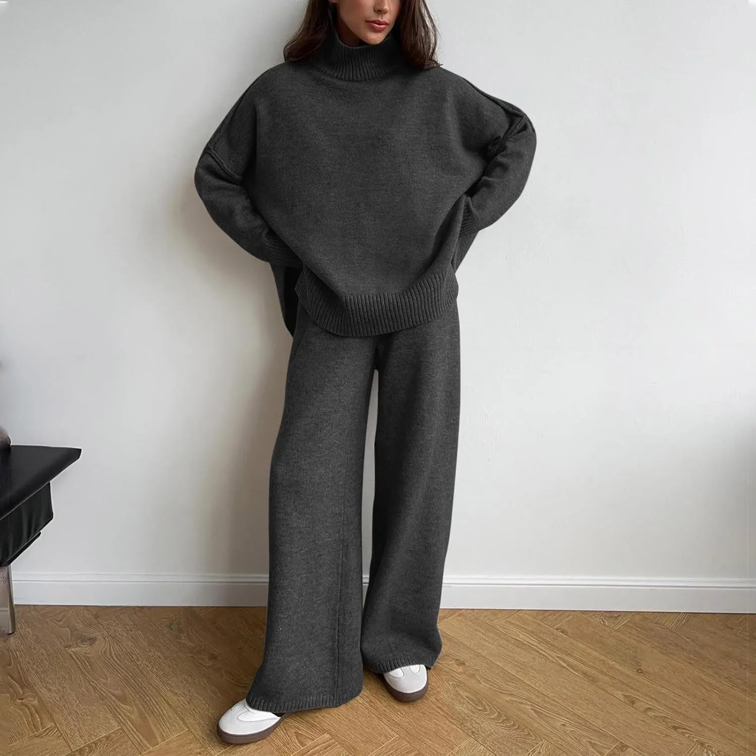 Women's 2 Piece Outfits Casual Sweaters High Crew Neck Knit Wide Leg Sweater Pants Lounge Set Sweatsuit
