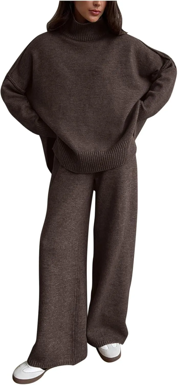 Women's 2 Piece Outfits Casual Sweaters High Crew Neck Knit Wide Leg Sweater Pants Lounge Set Sweatsuit