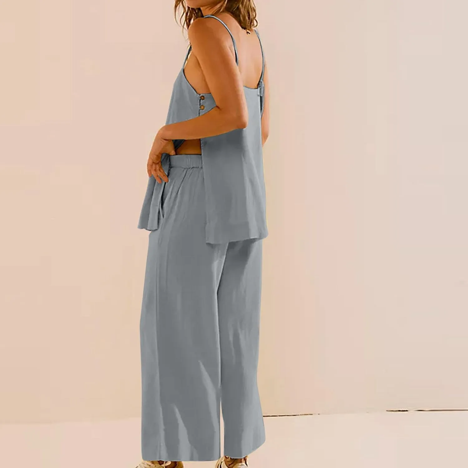 Womens 2 Piece Outfits Linen Set Cute Camisole Tops and Wide Leg Pants Vacation Matching Split Loungewear With Pockets