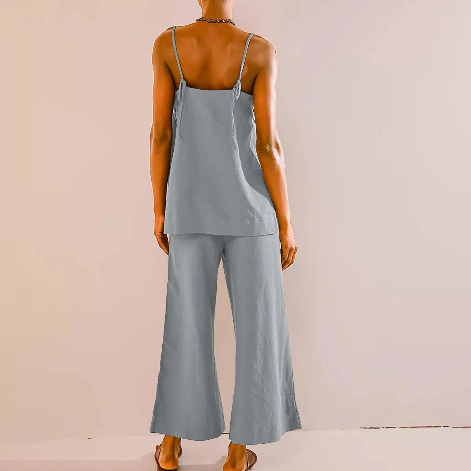 Womens 2 Piece Outfits Linen Set Cute Camisole Tops and Wide Leg Pants Vacation Matching Split Loungewear With Pockets