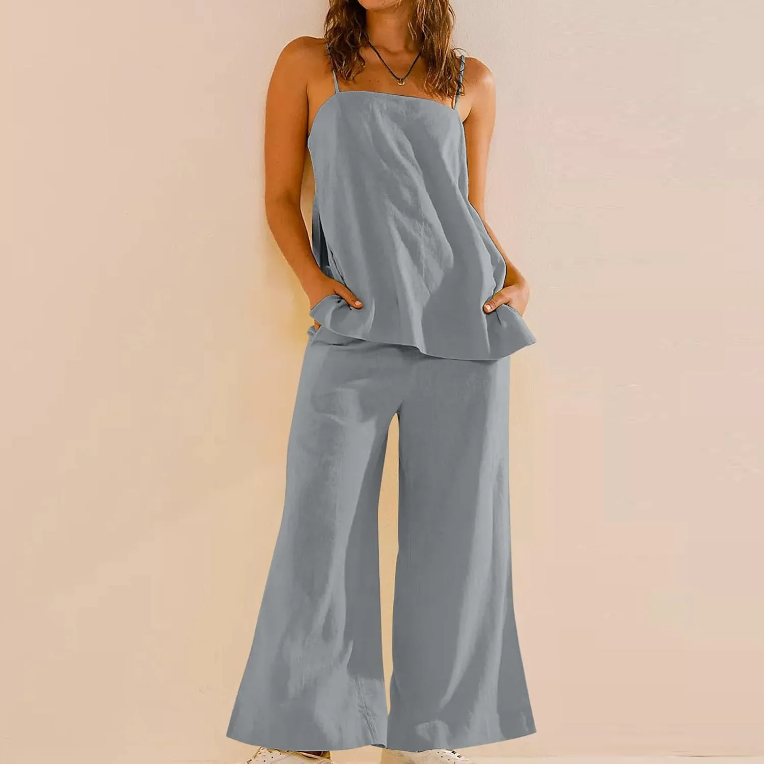 Womens 2 Piece Outfits Linen Set Cute Camisole Tops and Wide Leg Pants Vacation Matching Split Loungewear With Pockets
