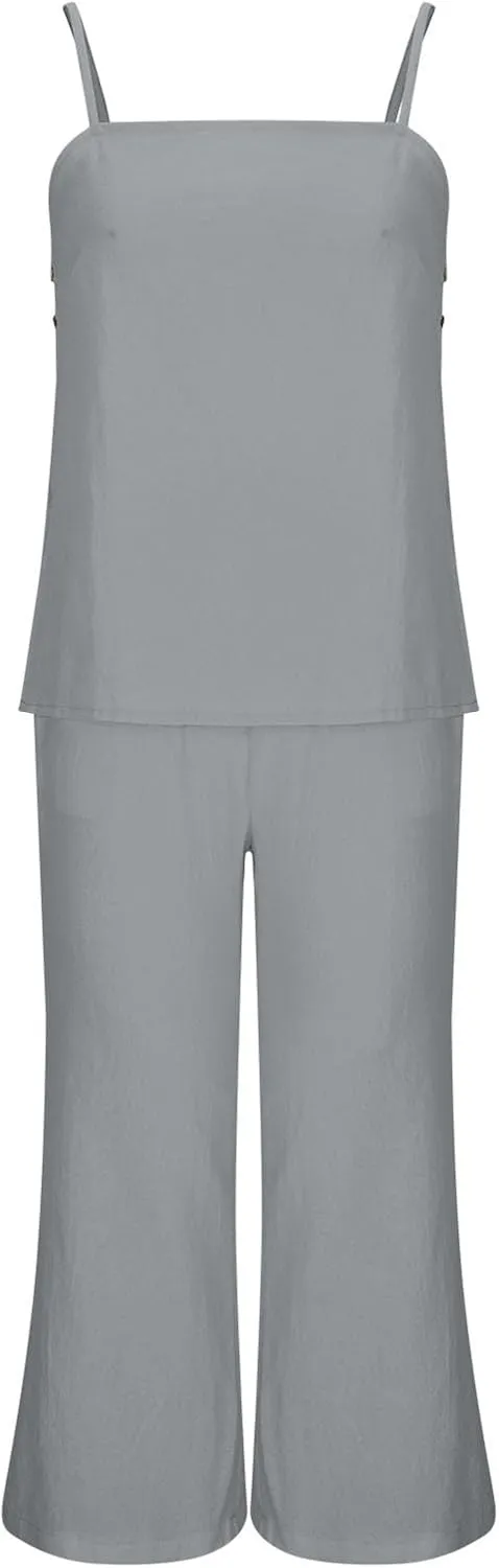 Womens 2 Piece Outfits Linen Set Cute Camisole Tops and Wide Leg Pants Vacation Matching Split Loungewear With Pockets