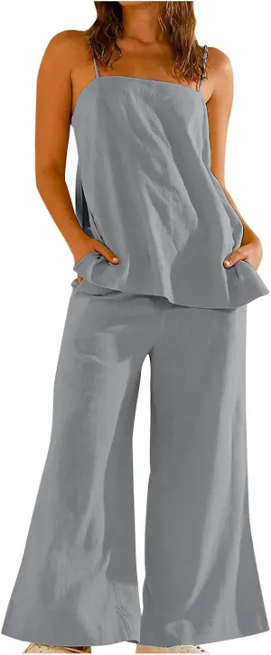Womens 2 Piece Outfits Linen Set Cute Camisole Tops and Wide Leg Pants Vacation Matching Split Loungewear With Pockets