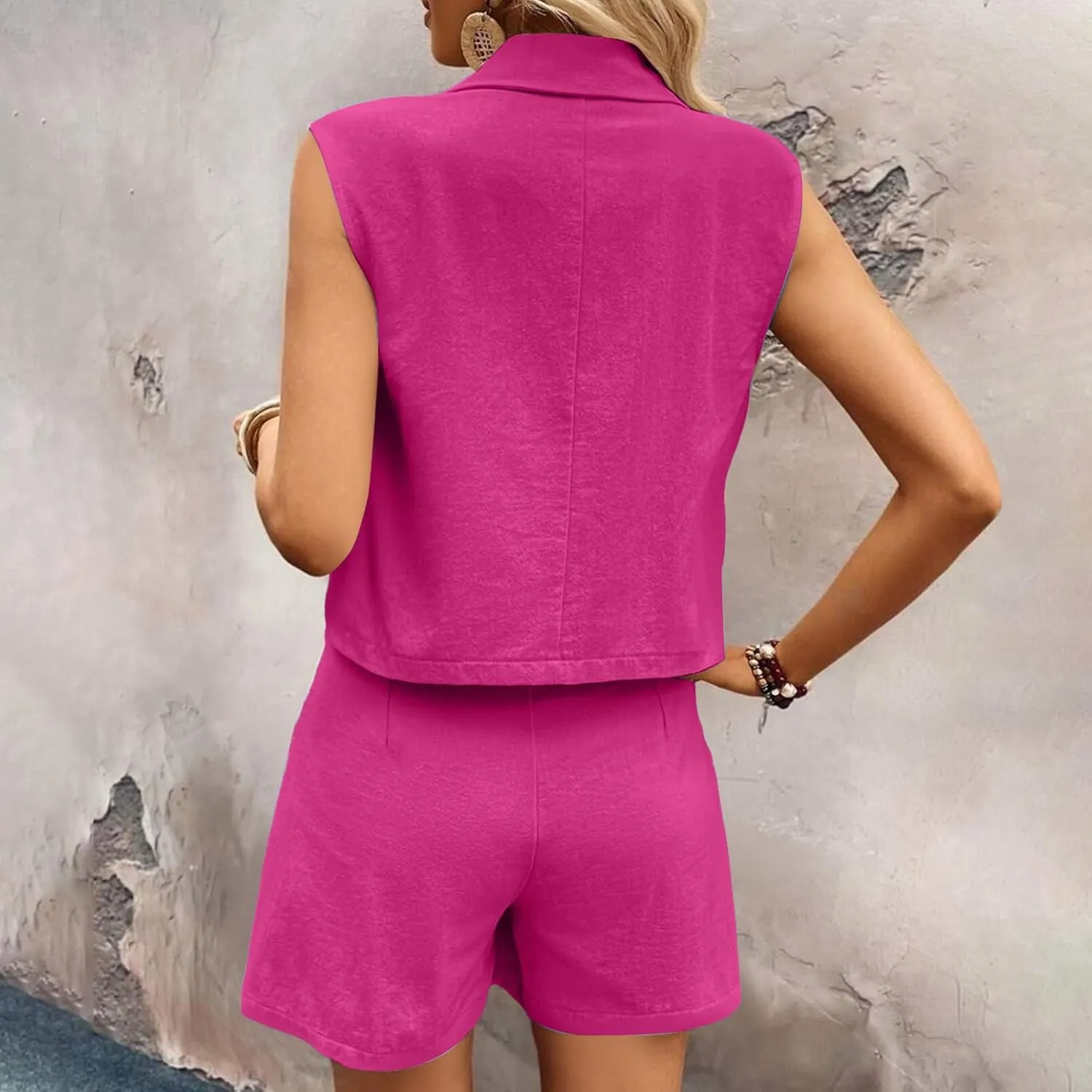 Womens 2 Piece Outfits Summer Vest Shorts Sets Sleeveless Button Down Tank Tops Lightweight Gauze Loungewear