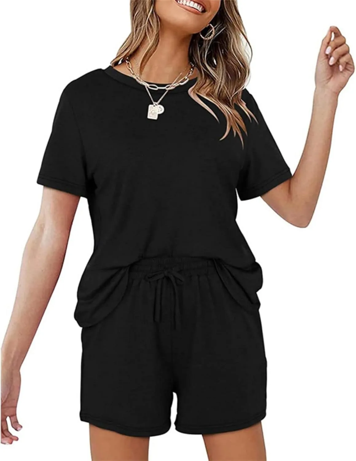 Womens 2 Piece Set, Short Sleeve Top & Shorts, as Pajamas, Loungewear or Workout Kit, Soft, Comfy, Stretch
