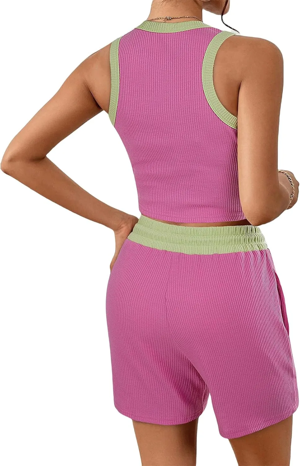 Womens 2 Piece Shorts Sleeveless Crop Top and Shorts Waffle Lounge Set Tracksuits Loungewear Set Trendy Clothes