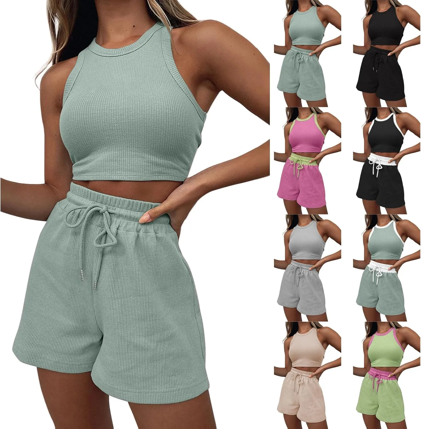 Womens 2 Piece Shorts Sleeveless Crop Top and Shorts Waffle Lounge Set Tracksuits Loungewear Set Trendy Clothes