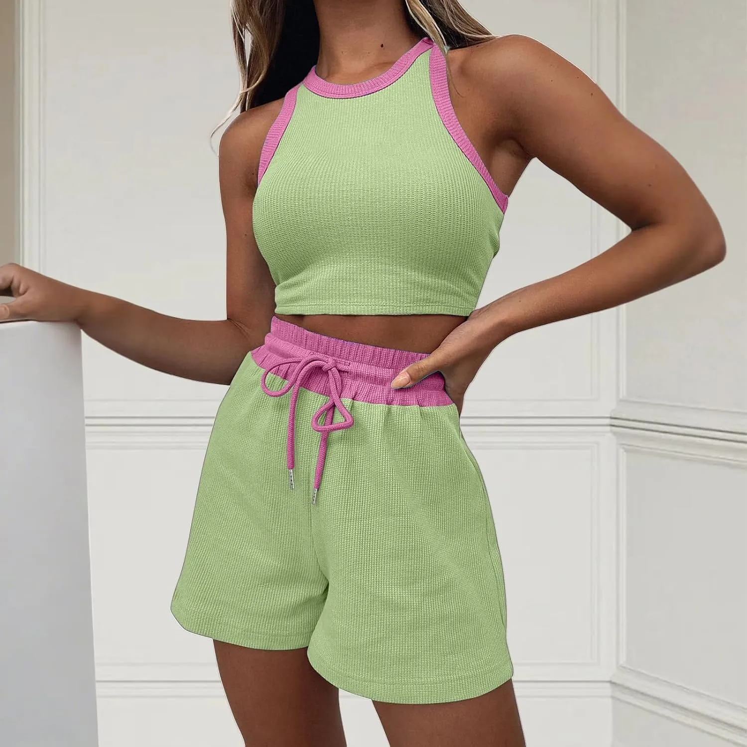 Womens 2 Piece Shorts Sleeveless Crop Top and Shorts Waffle Lounge Set Tracksuits Loungewear Set Trendy Clothes