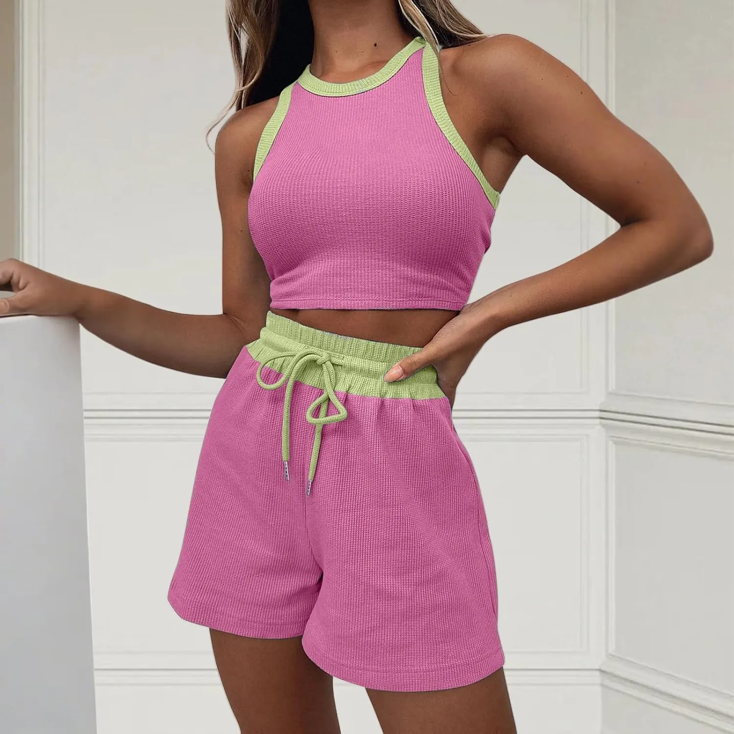 Womens 2 Piece Shorts Sleeveless Crop Top and Shorts Waffle Lounge Set Tracksuits Loungewear Set Trendy Clothes