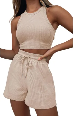 Womens 2 Piece Shorts Sleeveless Crop Top and Shorts Waffle Lounge Set Tracksuits Loungewear Set Trendy Clothes
