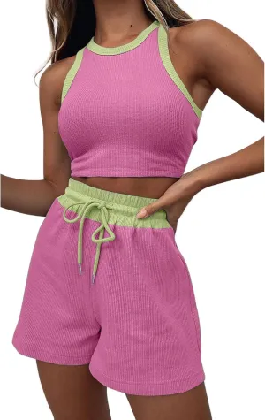 Womens 2 Piece Shorts Sleeveless Crop Top and Shorts Waffle Lounge Set Tracksuits Loungewear Set Trendy Clothes