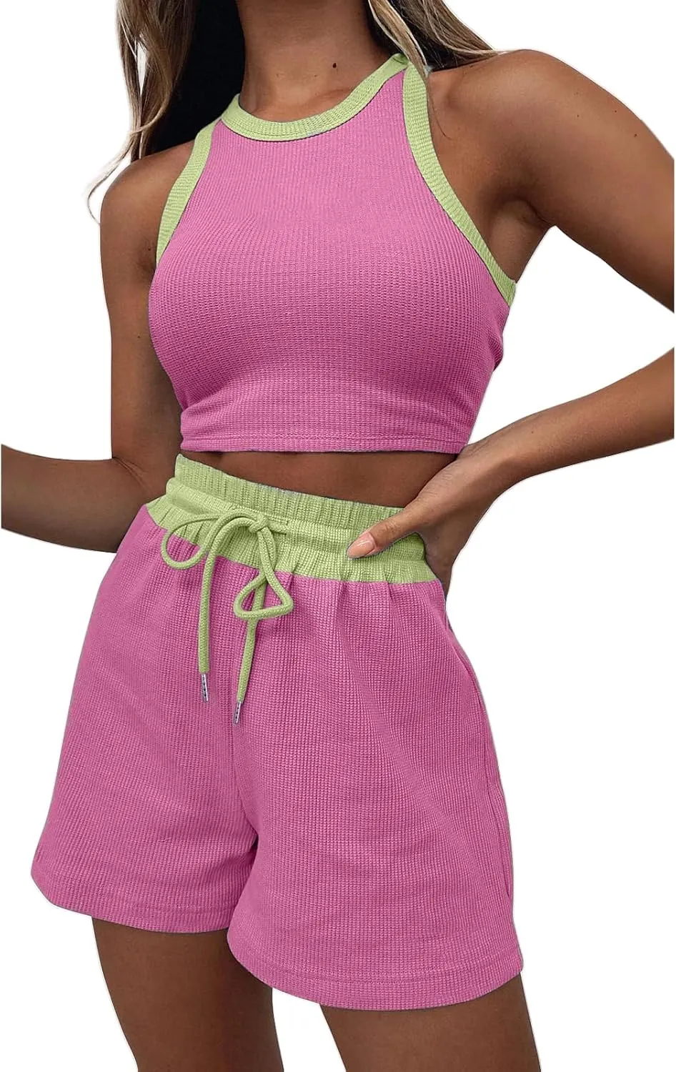 Womens 2 Piece Shorts Sleeveless Crop Top and Shorts Waffle Lounge Set Tracksuits Loungewear Set Trendy Clothes