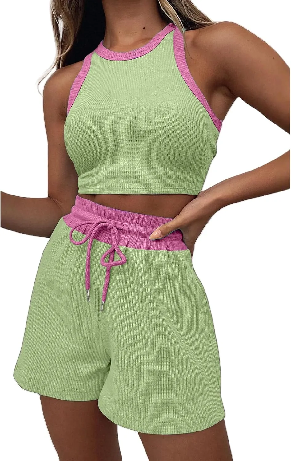 Womens 2 Piece Shorts Sleeveless Crop Top and Shorts Waffle Lounge Set Tracksuits Loungewear Set Trendy Clothes